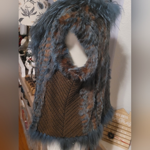 Vintage Dana Stein Collared Blue Brown Rabbit Racoon Fur Vest Coat Size XL - Picture 8 of 15
